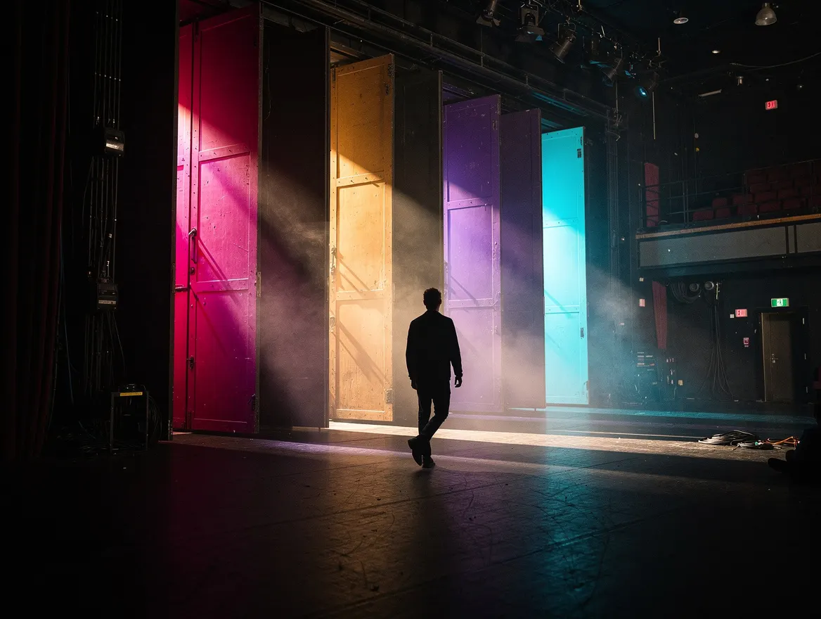 Artista frente a puertas de escenario que dejan escapar luces de colores